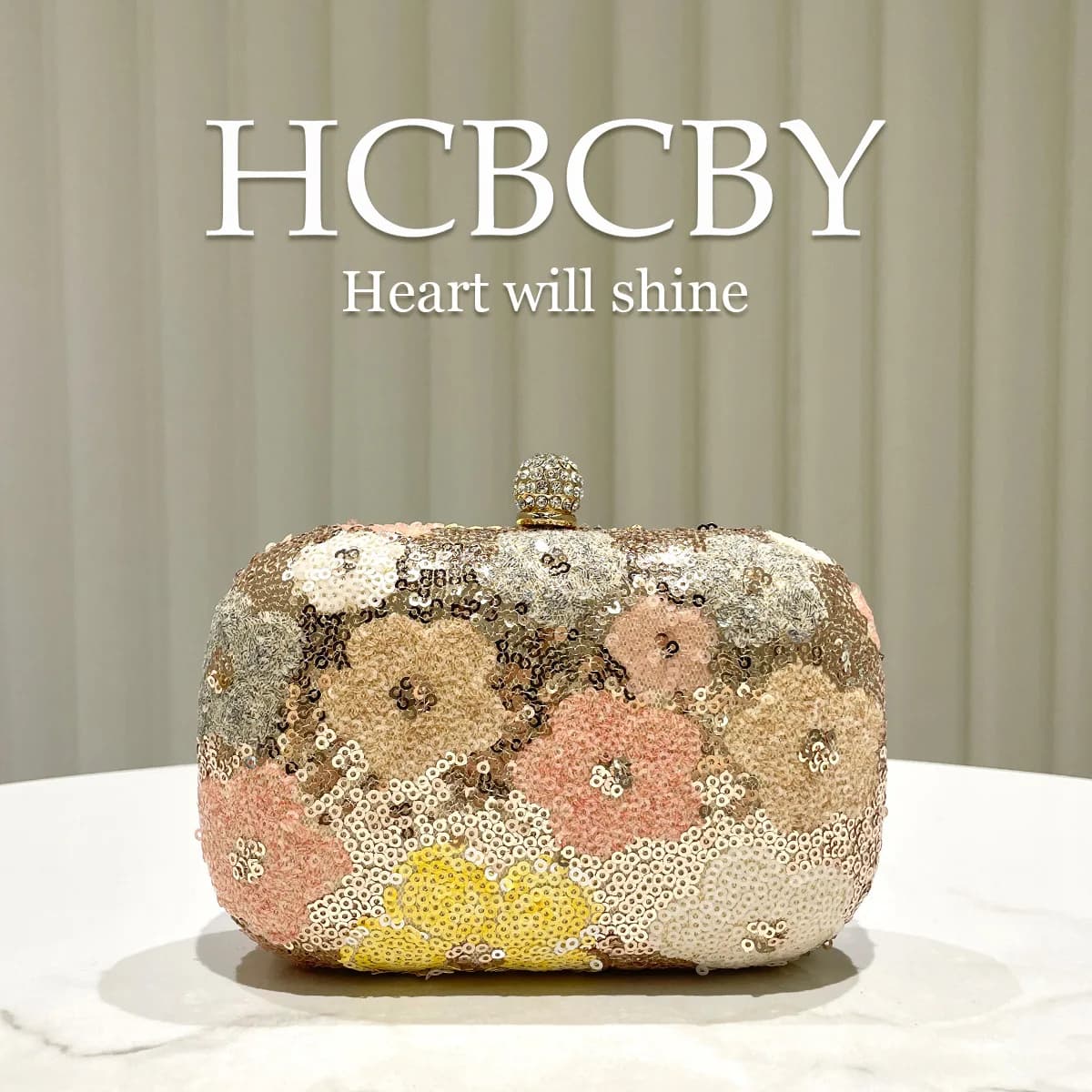 Champagne fresh flower sequined small hand bag women's fashion temperament elegant hand bag mini box dinner bag