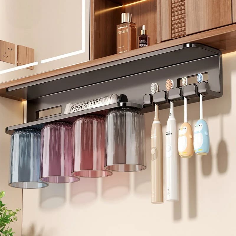 Magnetic Wall Mount Toothbrush Holder Under Mirror Cabinet Upside Down Mouthwash Cup Toothpaste Storage Organizer Rack