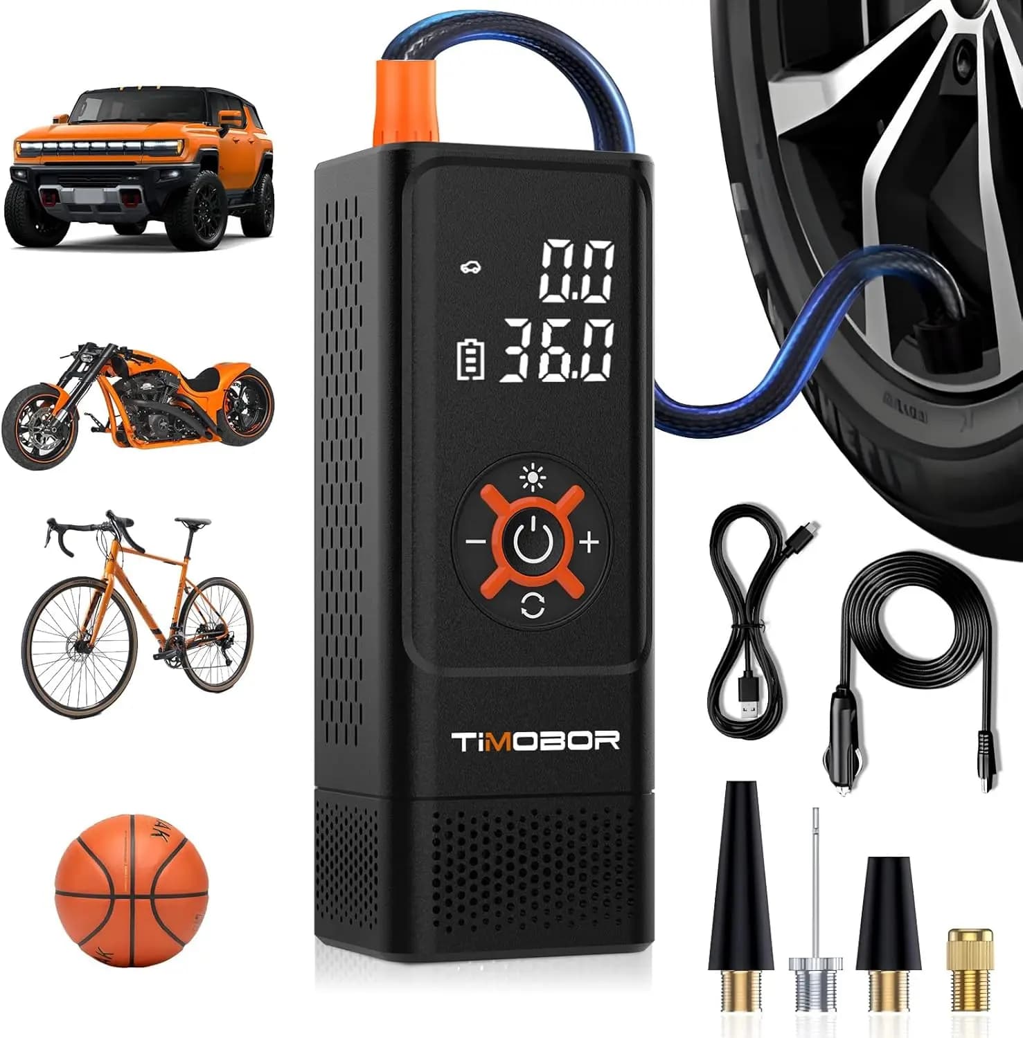 Gonfiatore portatile per pneumatici Pompa ad aria anni '60 150PSI con manometro digitale per auto, SUV, bici, moto - Arancione