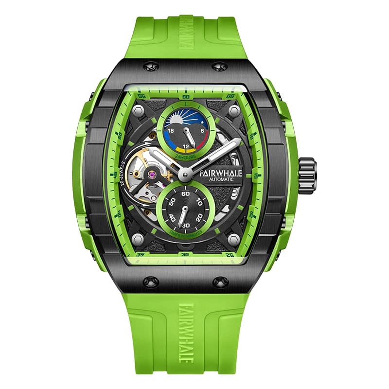 Orologio Automatico da Uomo Mark Fairwhale 47mm Tonneau Meccanico da Polso Scheletrato Luminoso con Quadrante Multiplo e Piccolo Quadrante dei Secondi 24 Ore