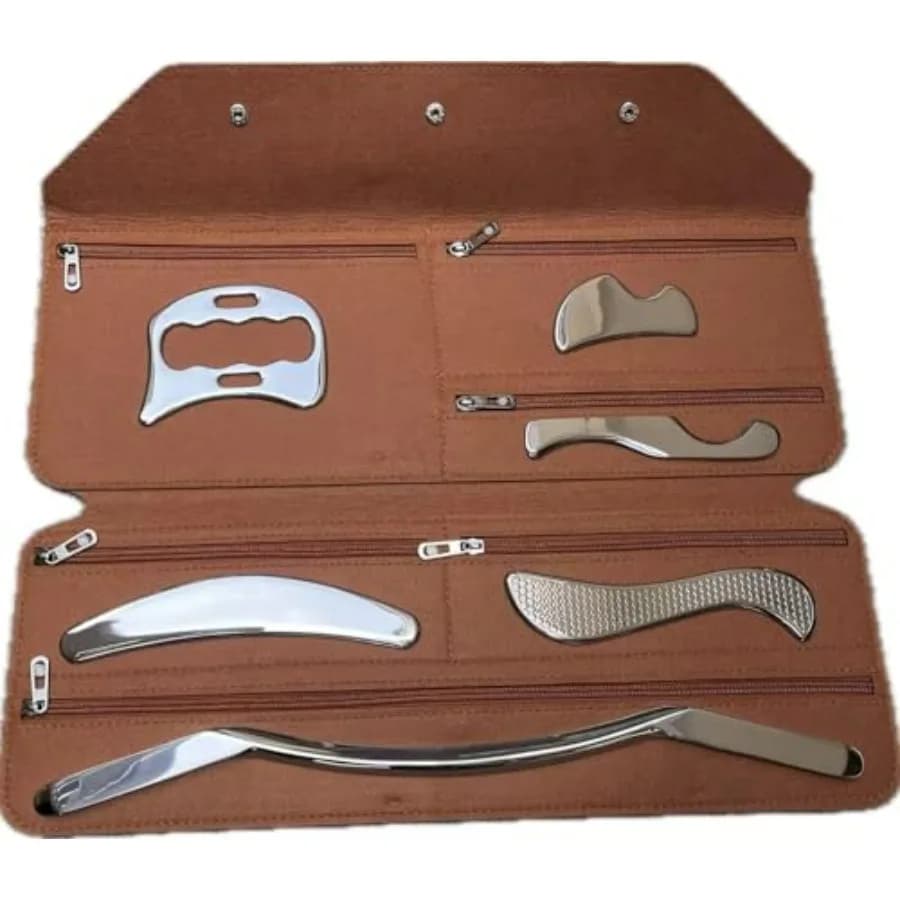 Set di strumenti Gua Sha 6-in-1 in acciaio inossidabile per massaggio muscolare su collo, schiena e corpo, strumento professionale per il rilascio della fascia, kit da 6 pezzi.