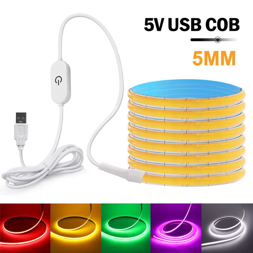 5V USB LED COB Striscia di luce Touch Dimmer Diodo flessibile Nastro 5mm 320Led/m Nastro lineare Illuminazione interna FAI DA TE TV Specchio retroilluminazione