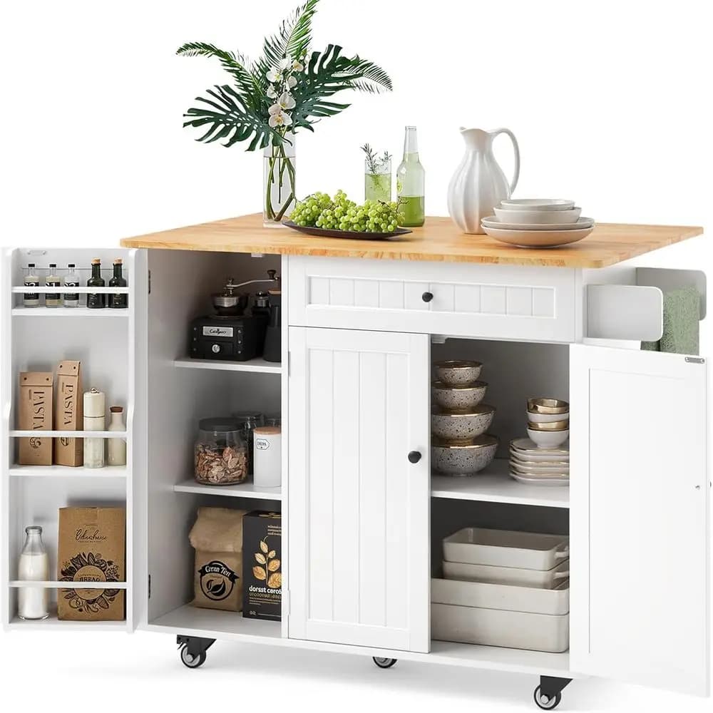 White Kitchen Island with 5 Wheels, Storage Rack, Spicy Rack, Towel Bar, Ample Countertop and Storage Space