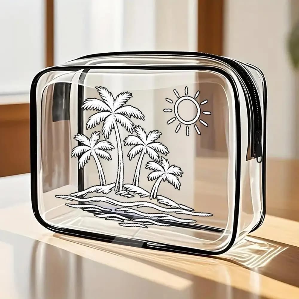 Borsa Cosmetica Trasparente Palm Tree Sun Wave, Organizer Portatile per Articoli da Toeletta, Ideale per Viaggi in Spiaggia e Vacanze