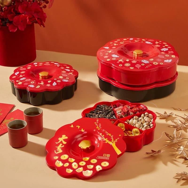 Piatto porta caramelle di Capodanno con coperchio, piatto porta frutta di Capodanno per il soggiorno, contenitore in plastica per snack e frutta secca.