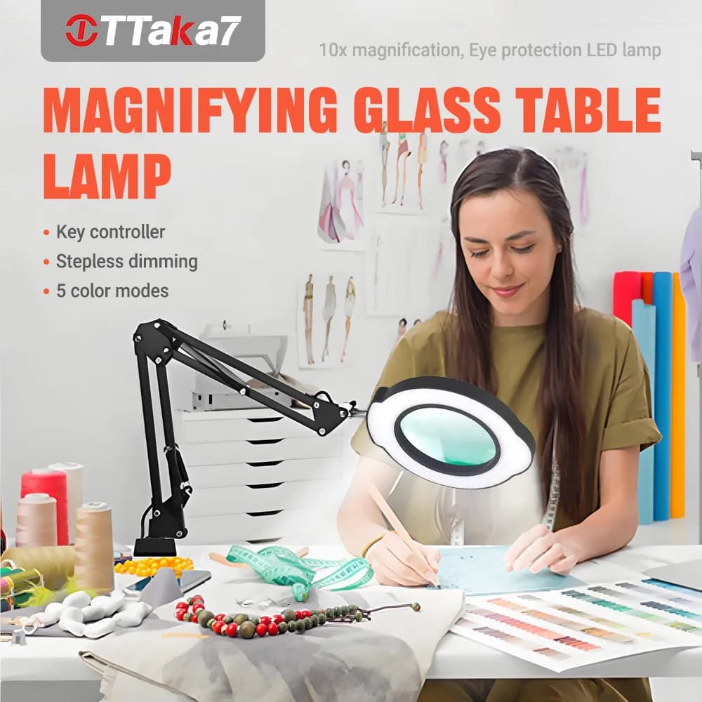 10X Magnifying Glass with Light and Clamp, 5 Color Modes Stepless Dimmable LED Lighted Magnifier Hands Free Magnifying Desk Lamp