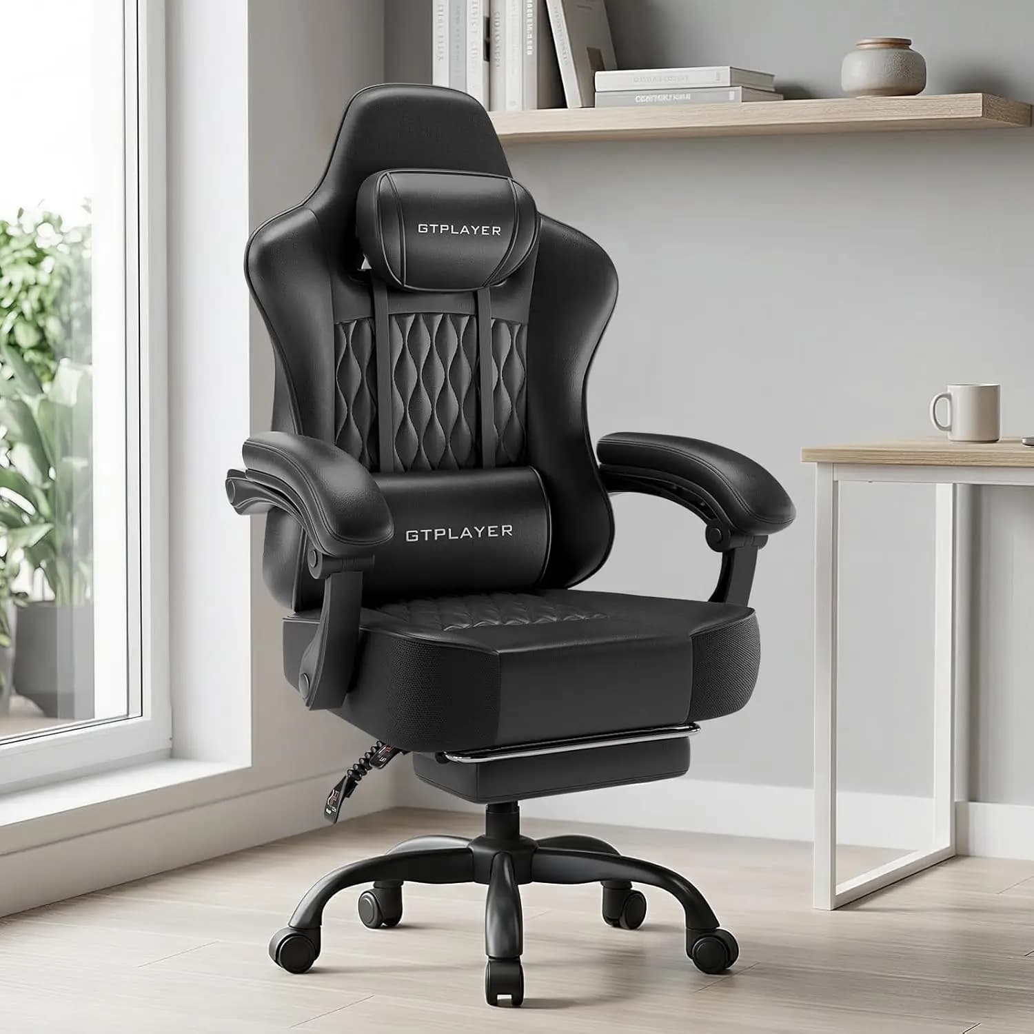 Sedia da Gaming Grande e Alta con Poggiapiedi, Sedia da Ufficio Ergonomica con Cuscino Spesso 4,4 Pollici, Seduta Larga Senza Braccioli, Serie Predator