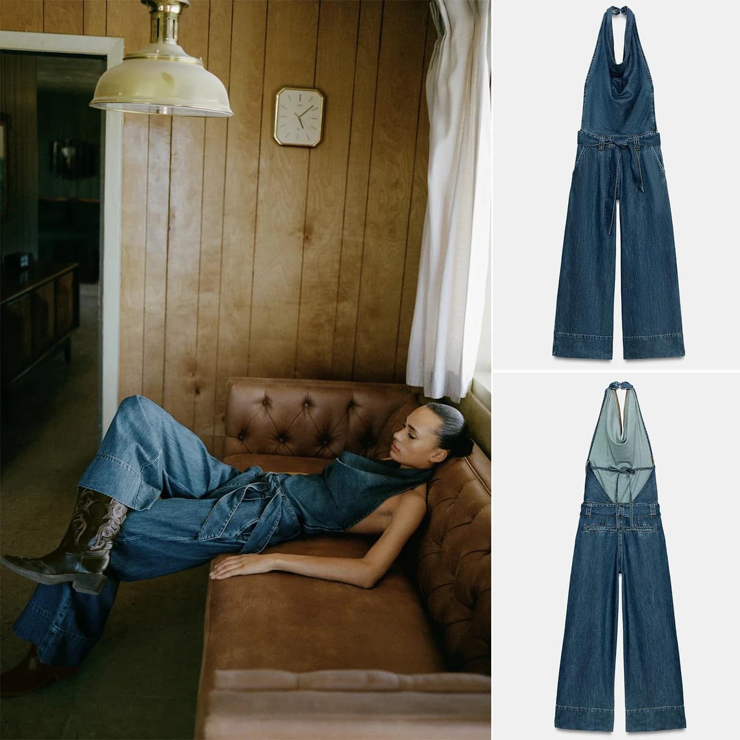 Primavera 2026 Nuovo Abito Intero in Denim da Donna Stile Pendolare con Scollo all'Americana, Tasche e Cintura, Pantaloni Lunghi a Vita Alta in Poliestere