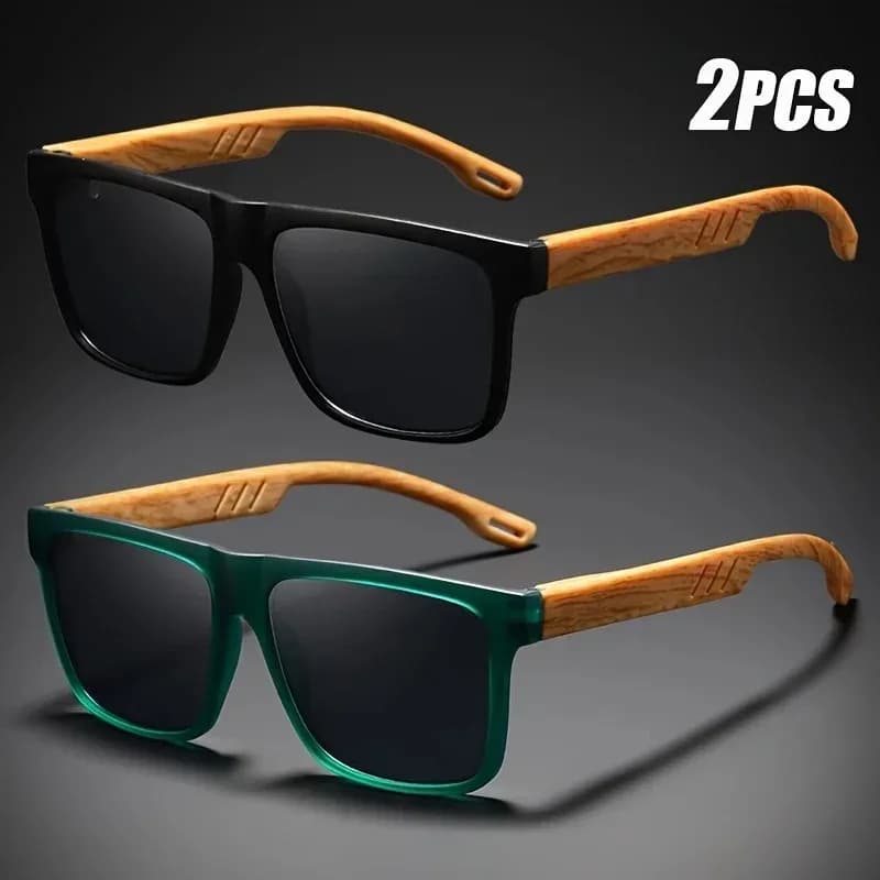 1/2 Pezzi Occhiali da Sole Vintage Quadrati Casual da Uomo con Cerniere a Molla Effetto Legno Protezione UV400 Unisex per Uso Quotidiano e Outdoor