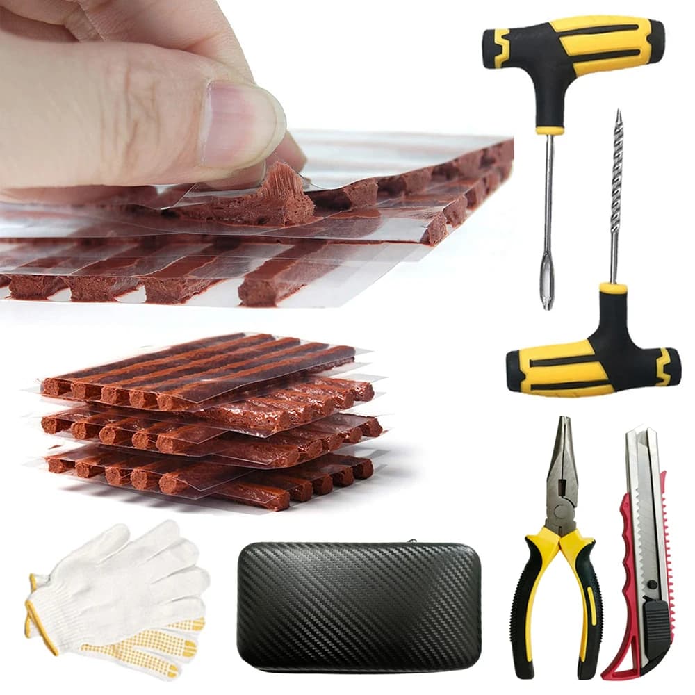 Kit completo di strumenti per la riparazione di pneumatici tubeless per auto e moto - Strisce di tappi in gomma, guanti e strumenti di riparazione per forature di emergenza