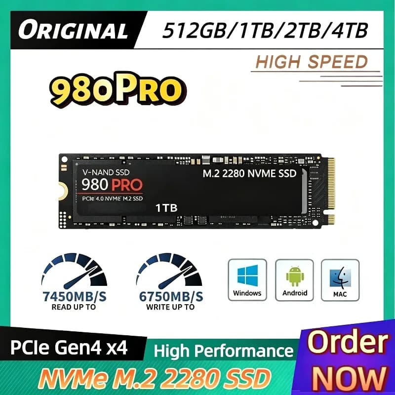 Original 980Pro 1TB NVMe M.2 SSD, PCIe Gen4 x4, 3D TLC NAND, 7000MB/s Read, High-End Internal Hard Drive For Laptop PC