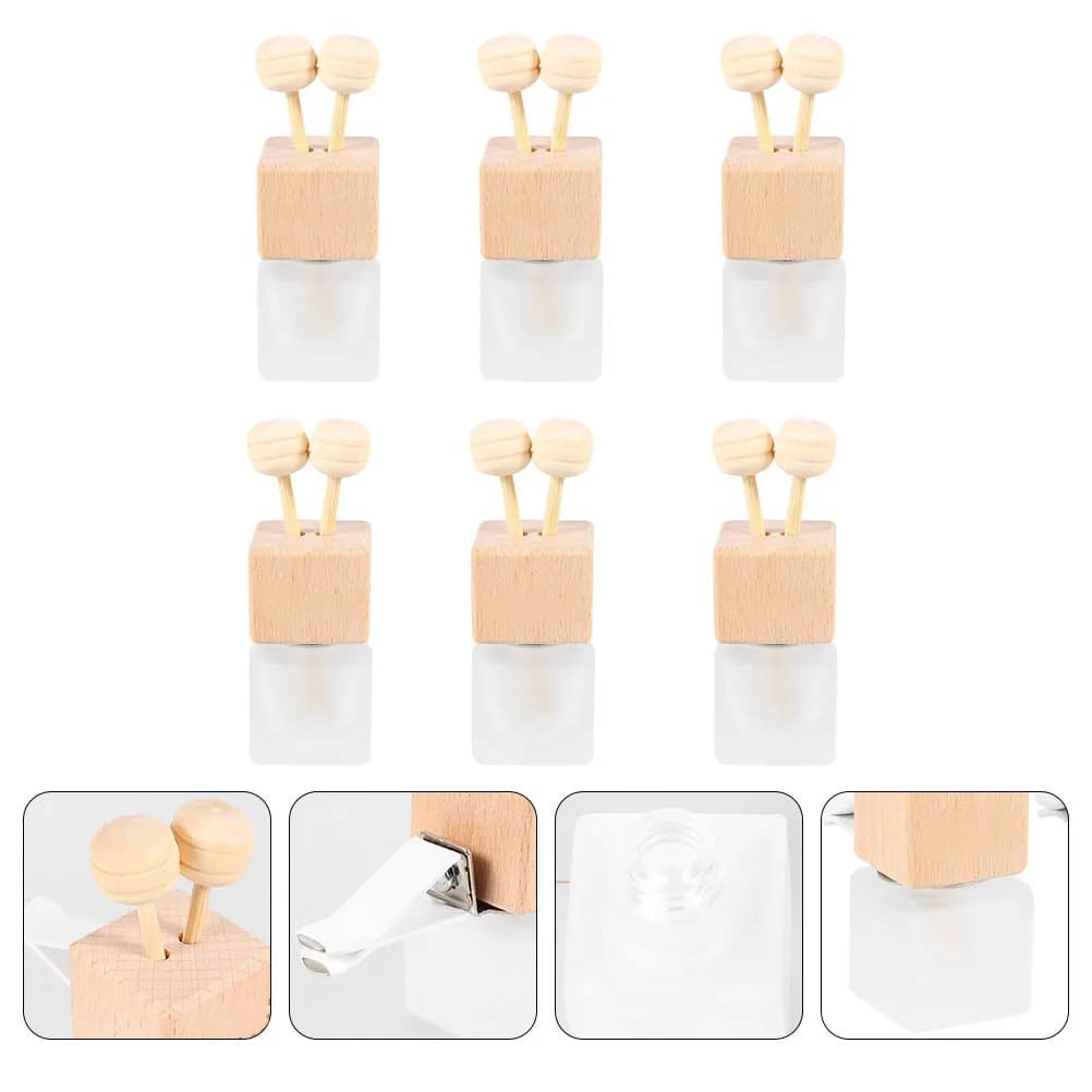 6Pcs Automotive Aromatherapy Diffuser Bottle Glass Essential Oil Container with Wooden Lid Rotatable Clip for Horizontal