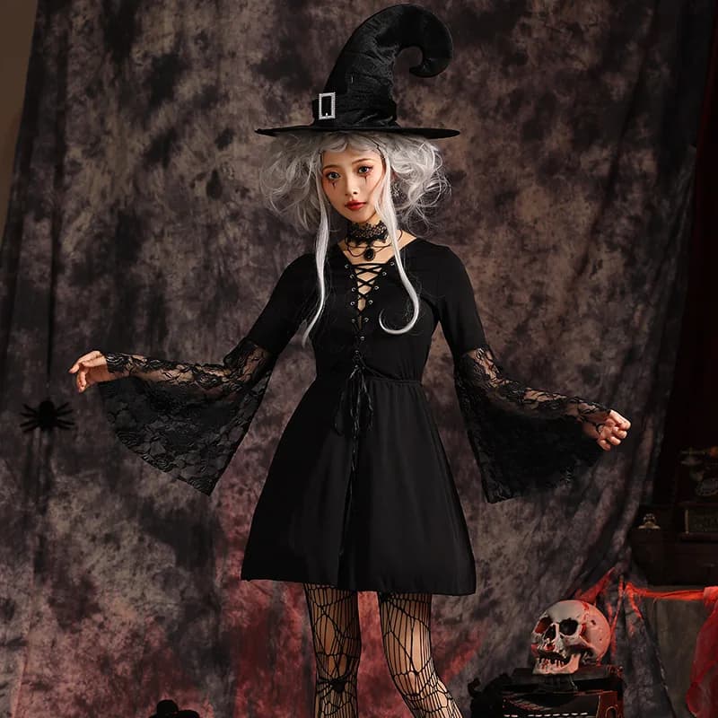 Costume Lolita gotico per donna Abito da strega di Halloween Cappello con gancio Fantasia scura Abito sexy a maniche lunghe in rete Collana con cappello Set da 3 pezzi
