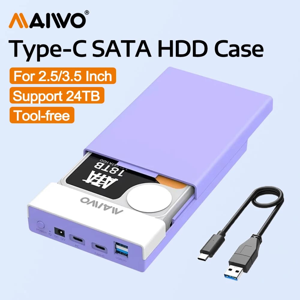 MAIWO Custodia per HDD di archiviazione esterna da 2,5/3,5 "SATA 10 Gbps USB3.0 HDD SSD Custodia per disco rigido Supporto UASP 24TB SSD HDD per PC portatile
