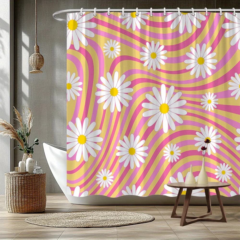 1 tenda da doccia vintage con motivo margherita, tessuto in poliestere, lavabile in lavatrice, adatta per l'arredamento del bagno.