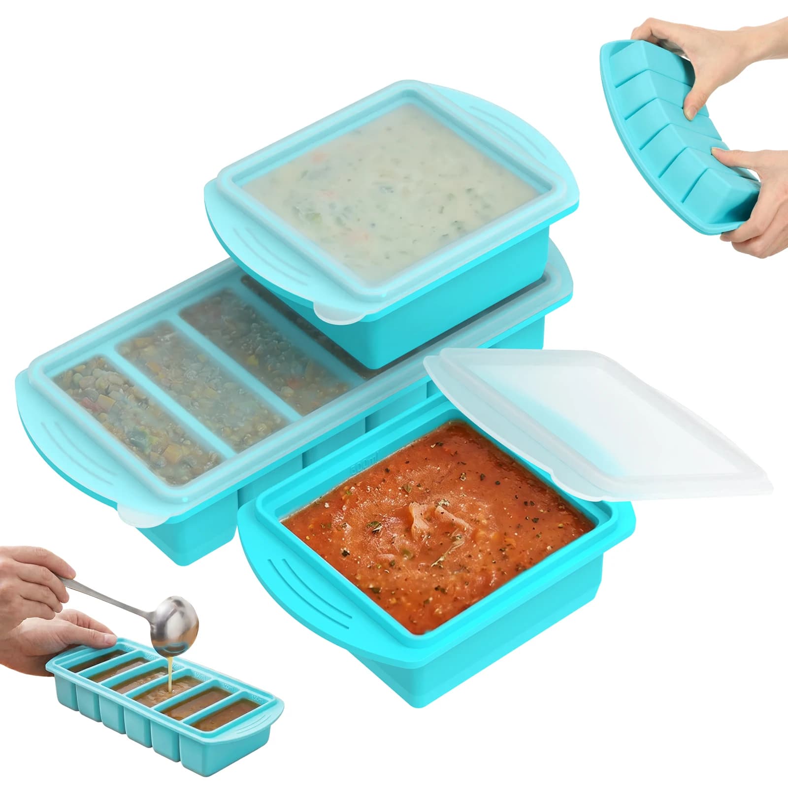 Set di 3 Contenitori in Silicone per Congelatore con Coperchio, Stampi Versatili per Porzioni e Cubetti, Utensili da Cucina