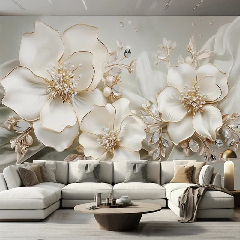 Carta da Parati 3D di Lusso con Motivi Floreali in Rilievo, Murales Fotografici per Soggiorno, TV, Camera da Letto, Decorazione Domestica