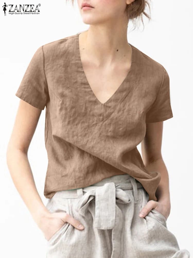 ZANZEA Tunica estiva Top Donna Scollo a V Manica corta Camicetta in cotone Elegante Camicia da lavoro per ufficio Moda Solid Blusas allentati Oversize