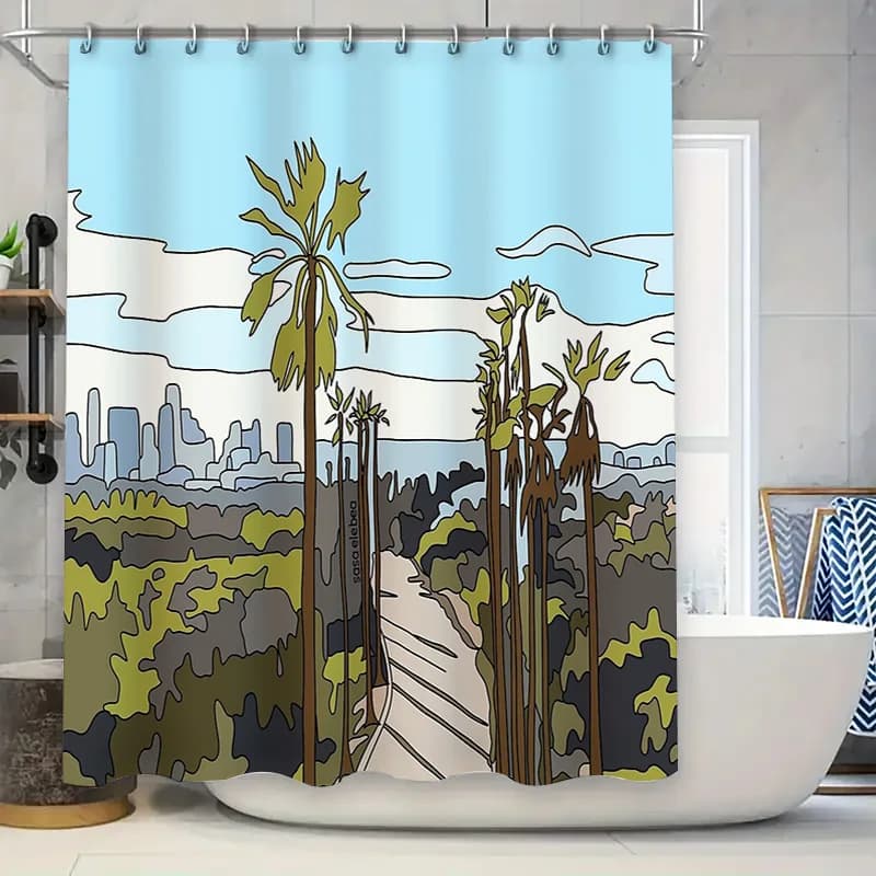 Tenda da doccia con palme costiere, oceano tropicale, decorazione da spiaggia, set da bagno, impermeabile, arte naturale scenica
