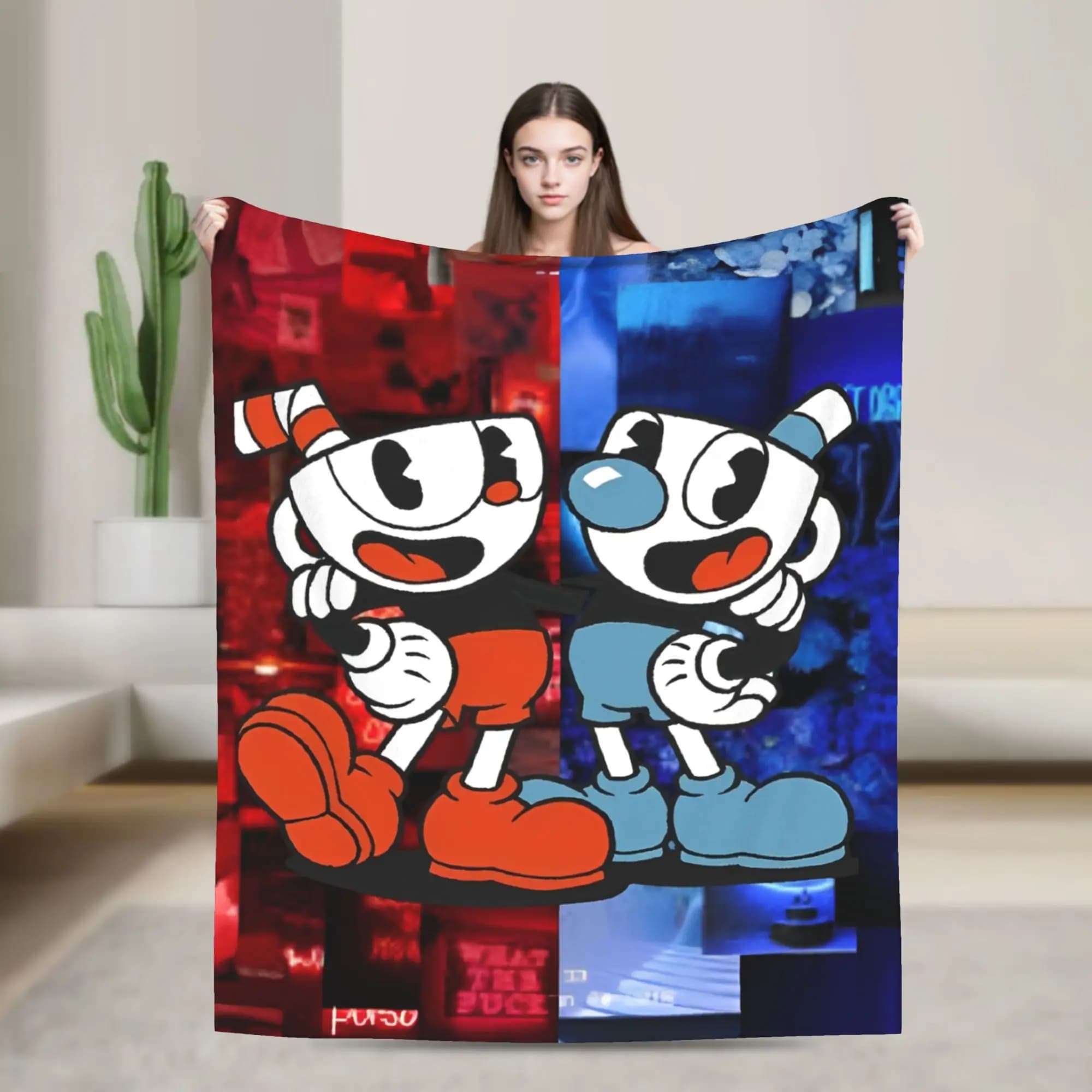 Cuphead cartoon Super Warm Blanket Travel Plush Throw Blanket Funny Couch Chair Flannel Bedspread Sofa Bed Cover