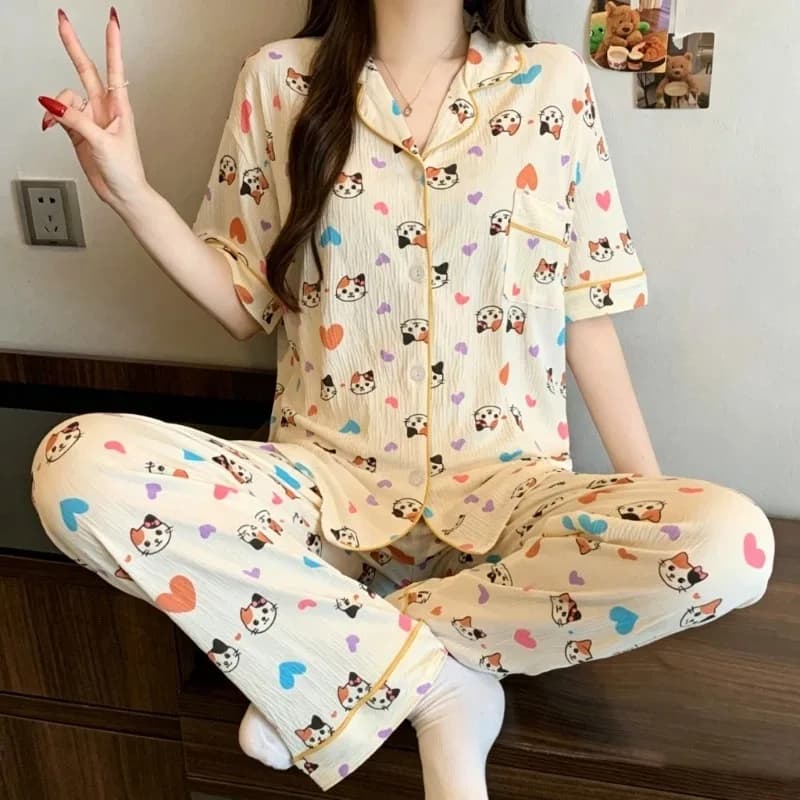 2PCS Women's Pajamas Korean Style Casual Cartoon Pajamas Set for Women Sweet Cute Love Cat Print Outside Summer 2026 Homewear