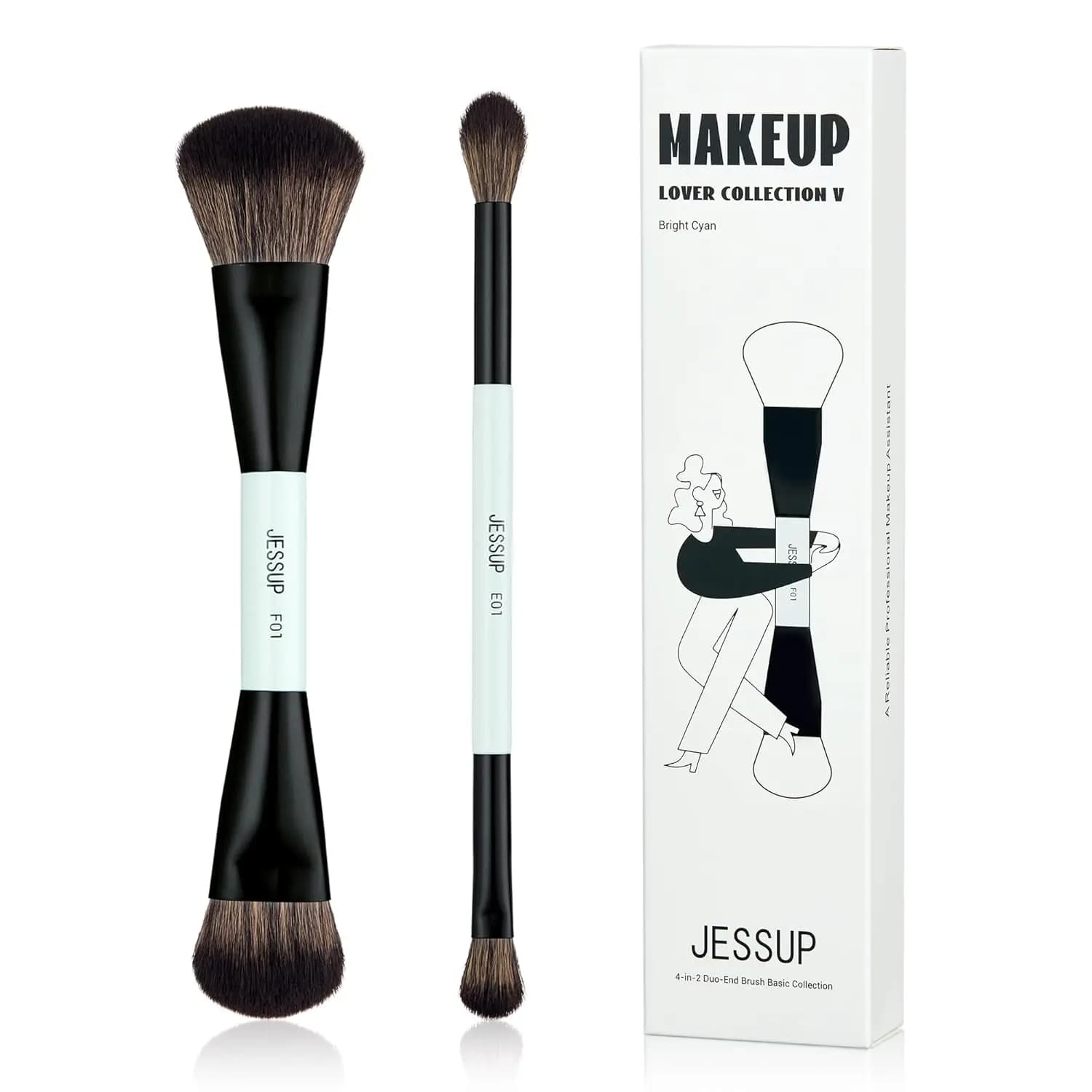2pcs Dual-Ended Makeup Brushes Set - Foundation, Contour, Eye Blending, Multi-functional Cosmetic Brush, Bright Cyan