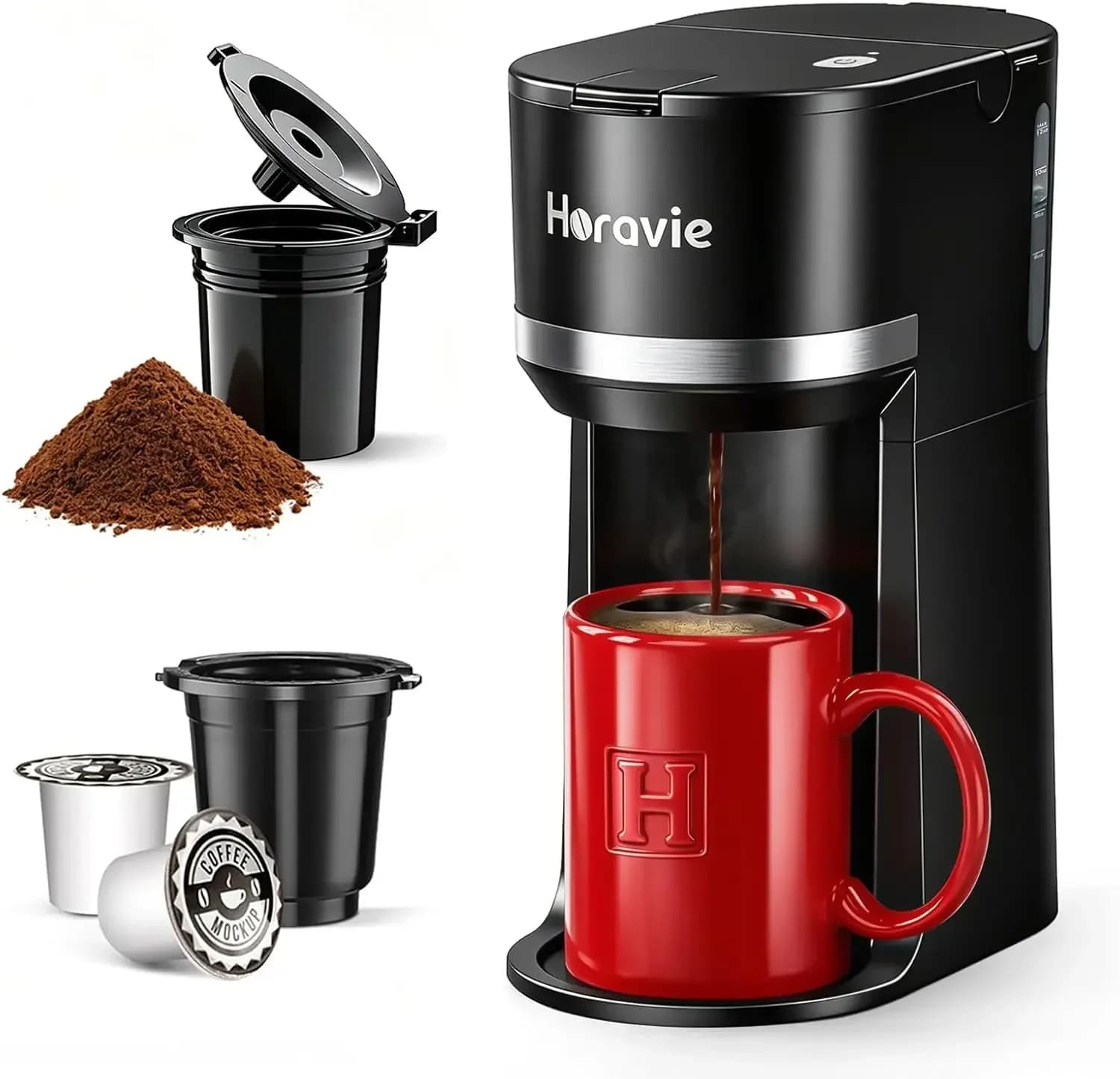 Small Single Serve Coffee Maker for K Cup and Grounds, Fast Brew One Cup Coffee Machine with One Button, 6 to 12 oz. Brew Sizes, Perfect for Home and Travel, Black