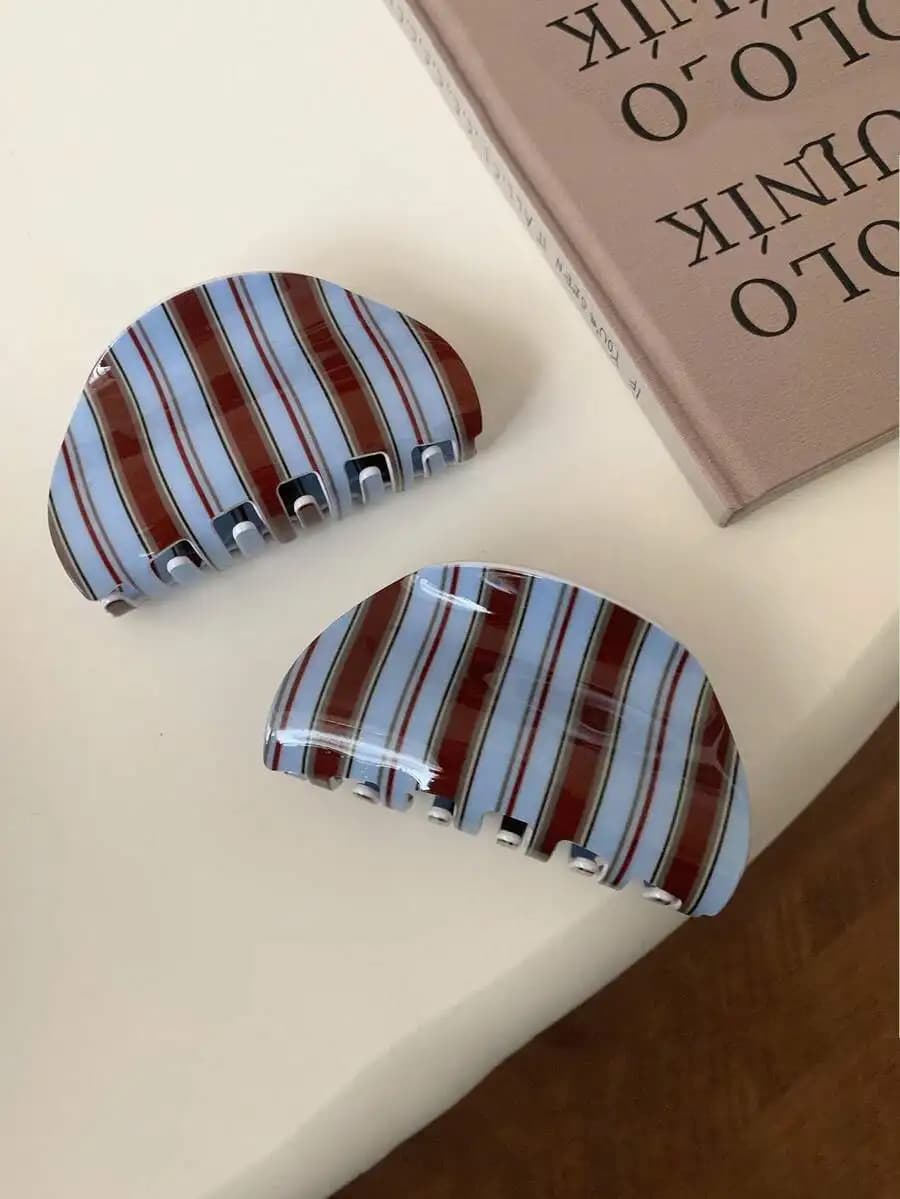Fermaglio per capelli in acrilico a righe blu e marroni in stile coreano per donna