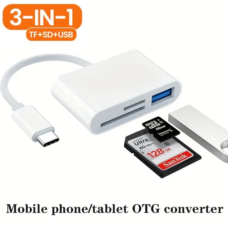 Adattatore USB 3-in-1 per fotocamera da Lightning/Type-C a schede SD e TF, dongle USB per lettore di schede per iPhone/iPad, plug & play per chiavette USB