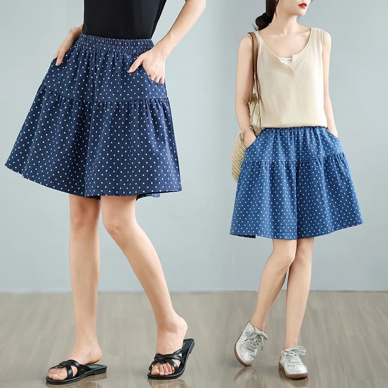 Summer Loose Wide Leg Jeans Shorts Women's Thin Elastic Waist Blue Denim Flattering High Waist Five-Quarter Length Pants