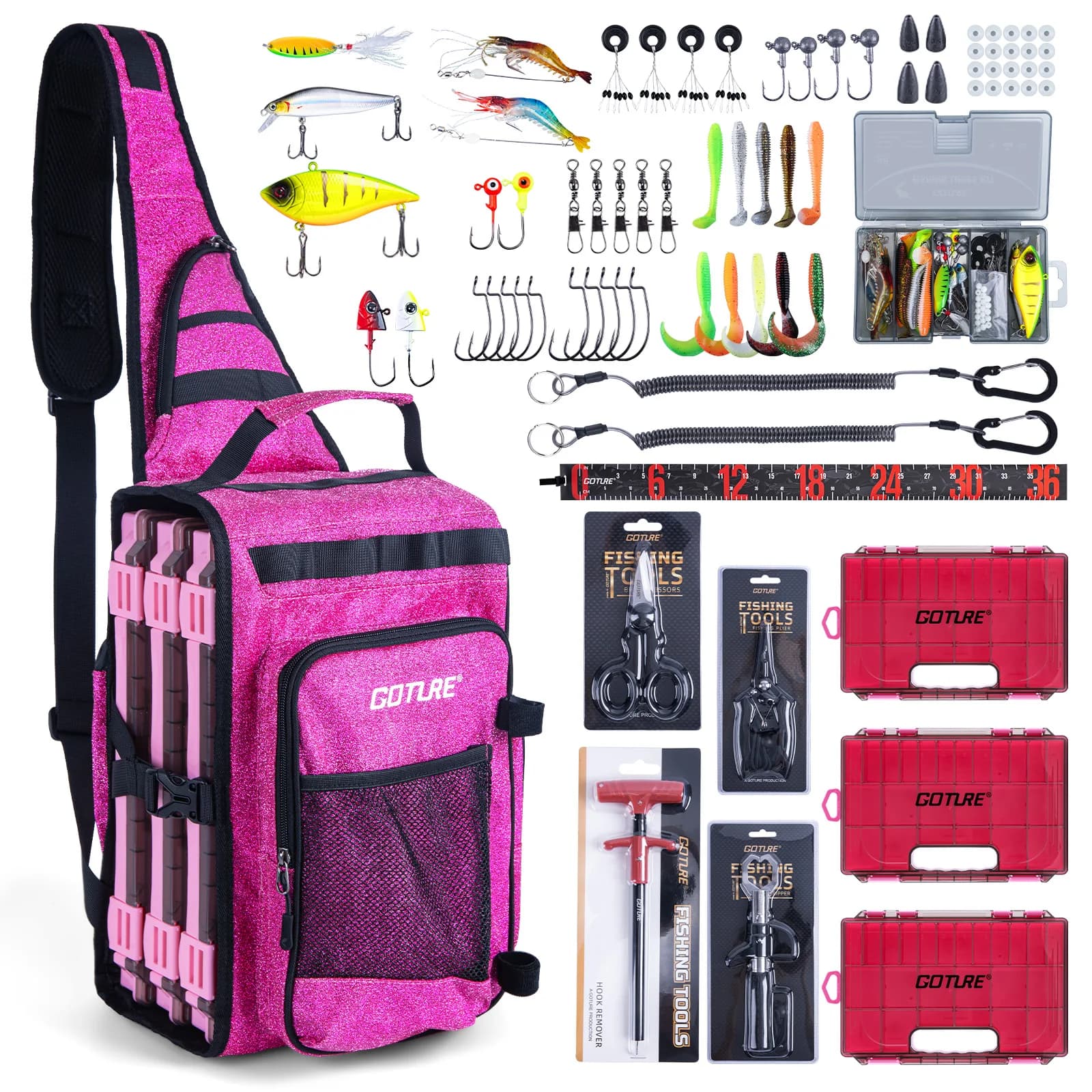 Shoulder bag Goture for fishing, adjustable, made of water resistant 900D material, with tool trays, kit of 66 baits, fishing tools