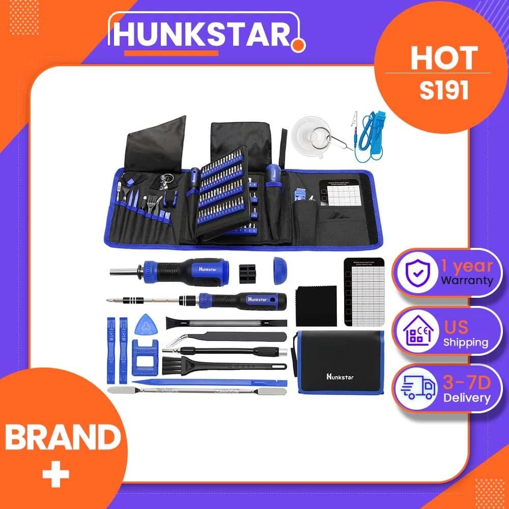 Hunkstar S191 Multifunctional Screwdriver Set – 120pcs 4mm Precision Bits, 44pcs 1/4" Safety Bits, Magnetic Driver, Ergonomic Handle, Hardness 60HRC, Travel Pouch