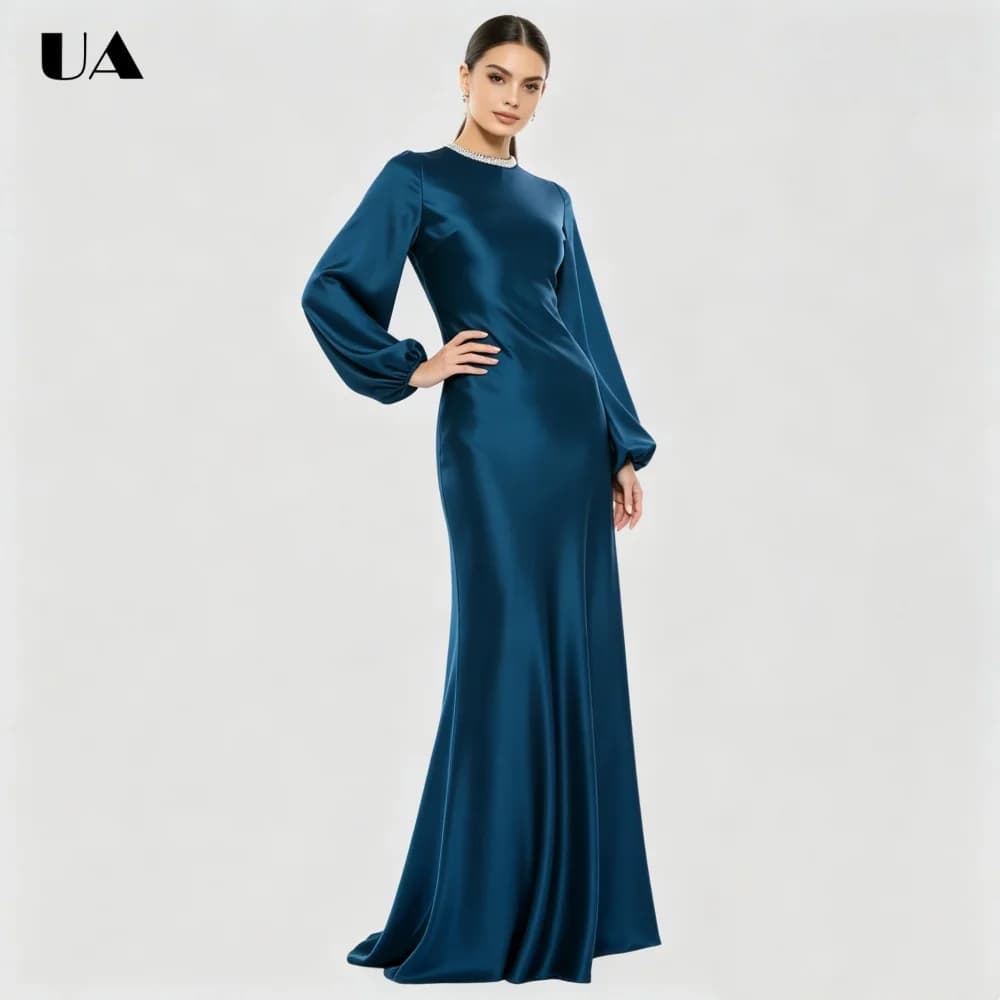 ULBYANRY Abito da ballo personalizzato in raso con maniche a lanterna per donna, elegante abito da sera a sirena, semplice abito da ballo con scollo a O e decorazioni
