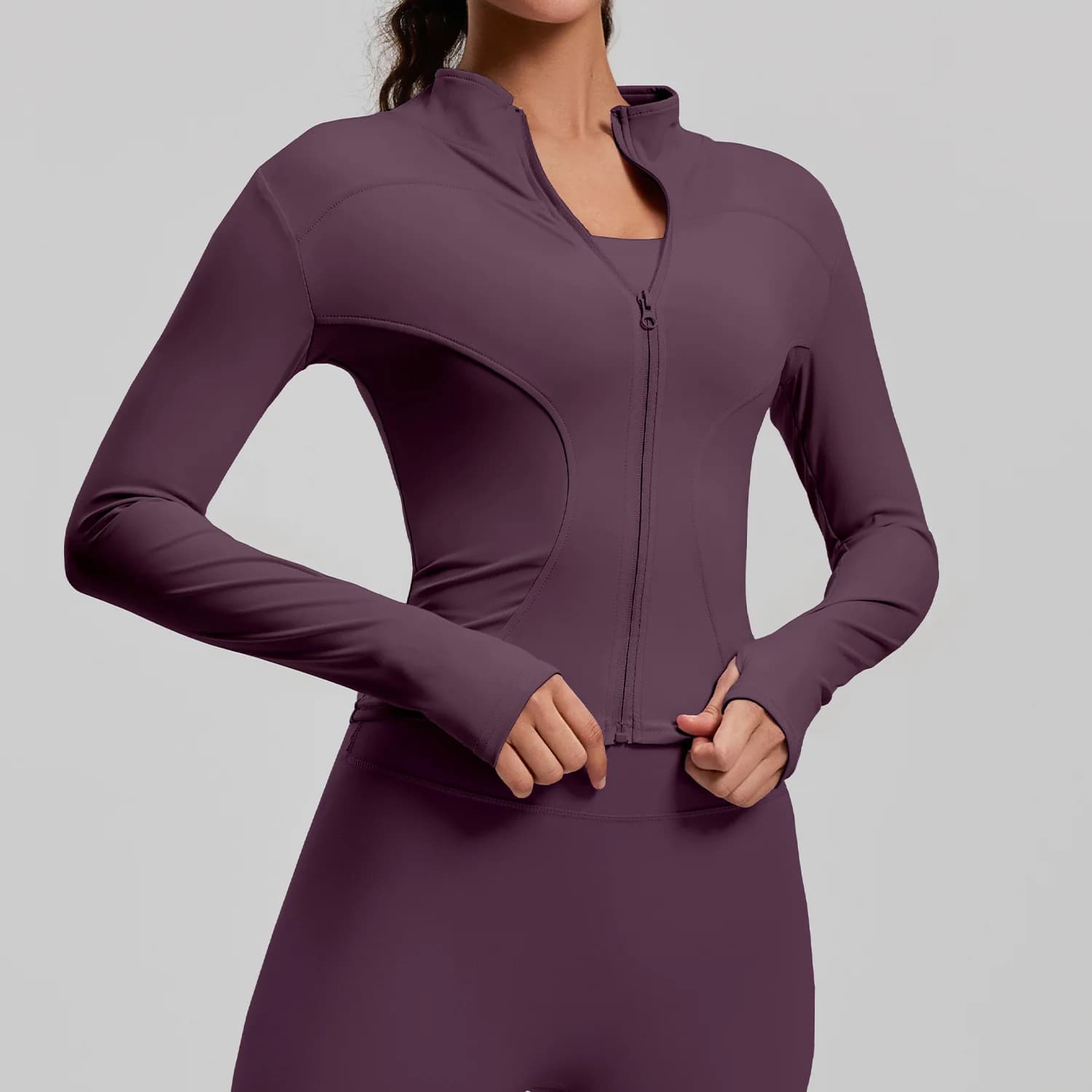 Women's Sports Jacket: Slim-Fit Slimming Jacket with Stand-Up Collar Zipper Fingerless Gloves Yoga Top Fitness and Yoga Apparel