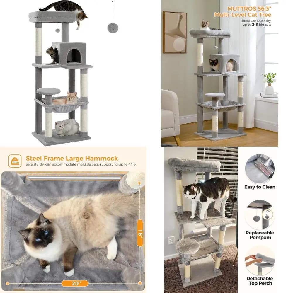 Grande albero per gatti per adulti con struttura in metallo, amaca in peluche, 56,3 alte, condominio a 2 porte, ripiani a 6 livelli per graffiare e giocare