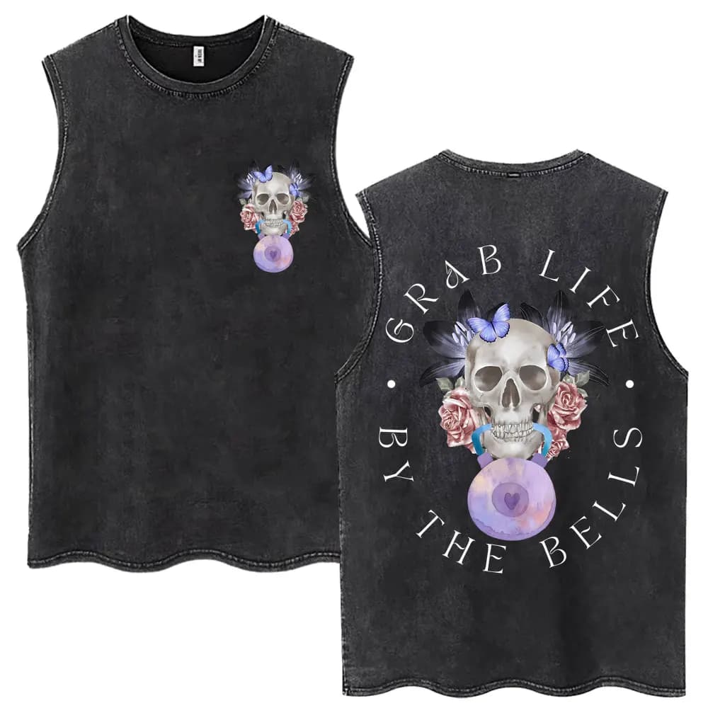 Canotte Vintage Lavate con Stampa Scheletro 'Grab Life By The Bells' per Uomo e Donna, T-shirt Estive in Cotone per Palestra e Fitness, Canotte Gotiche Streetwear