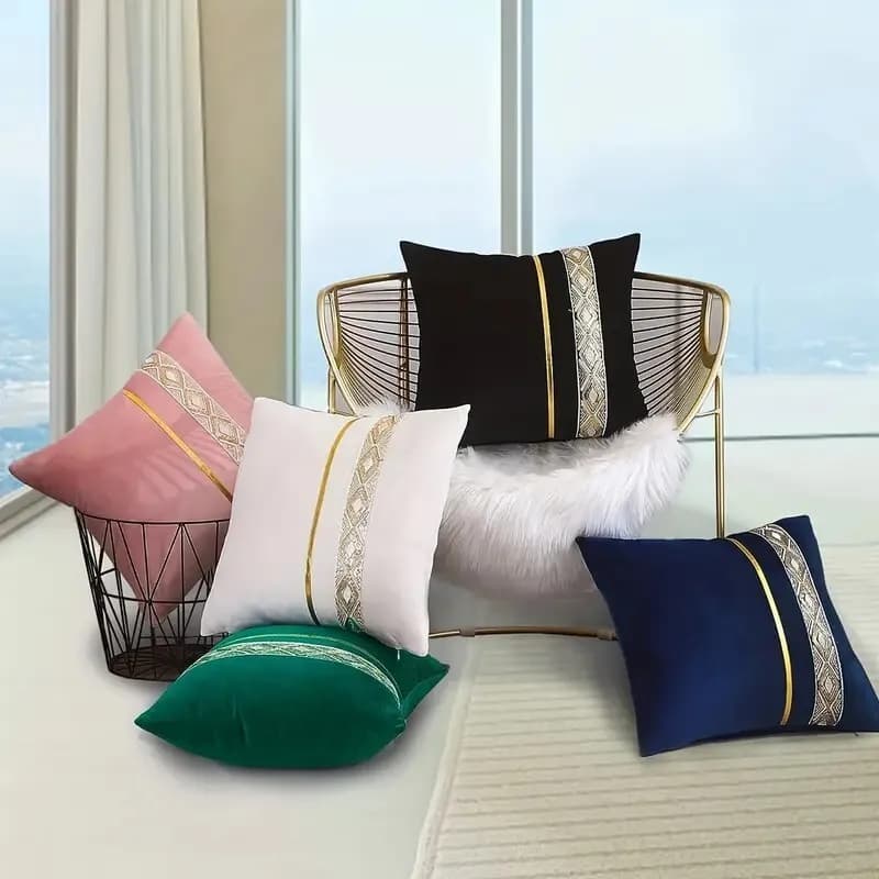 Fodera per cuscino in ecopelle dorata 45x45 cm Federa per cuscino con ricamo con paillettes Decorativa a strisce di lusso per l'arredamento del divano letto