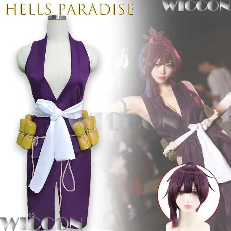 Costume Cosplay Casual di Gakushu Maru Sasame da Hells Paradise, Abito Nero con Tatuaggi a Inchiostro, Maniche Lunghe Trasparenti, Stile Etereo Femminile