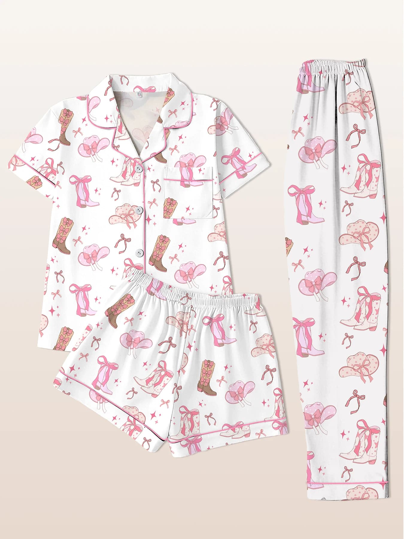Women Pajamas Notch Lapel Short Sleeve Shorts Pants 3 Piece Set Spring Summer Fall Cute Cowgirl Print Homewear