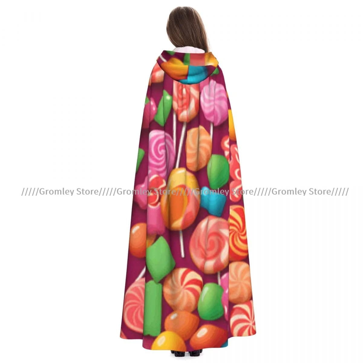 Witch Long Hooded Robe Colorful Candy Background Halloween Cloak Cosplay Costumes for Adult