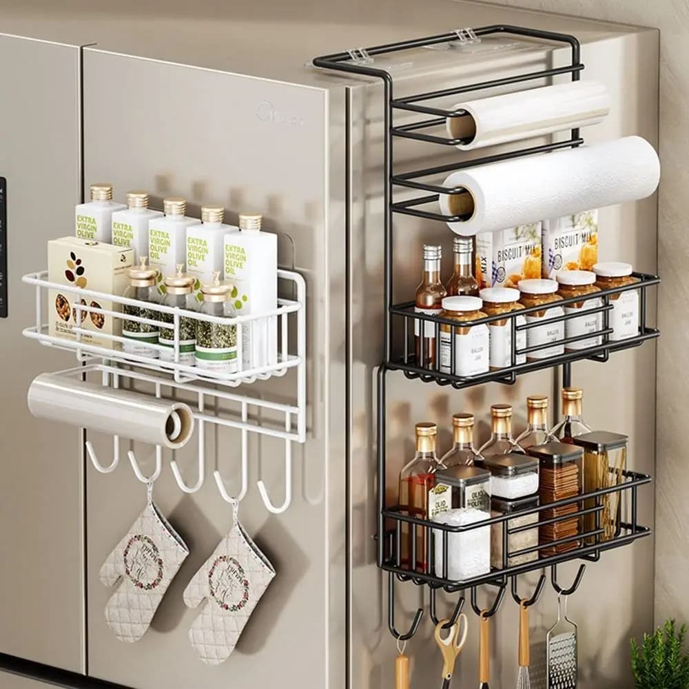 Side shelf for carbon steel refrigerator, without hole, space saving, transparent film, holders, to hang on the wall, for spices, kitchen
