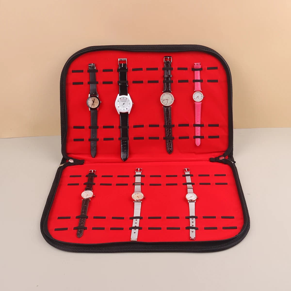 Multifunction Portable Watch Strap Organizer Leather And Flannel Watch Travel Case Pouch Black Red T1301 Wholesale