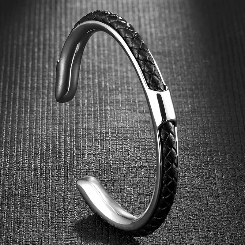 Classic Men Stainless Steel Woven Leather Cuff Bracelet Bangles Fashion Minimalist Jewelry Pulseras Lovers' Gift