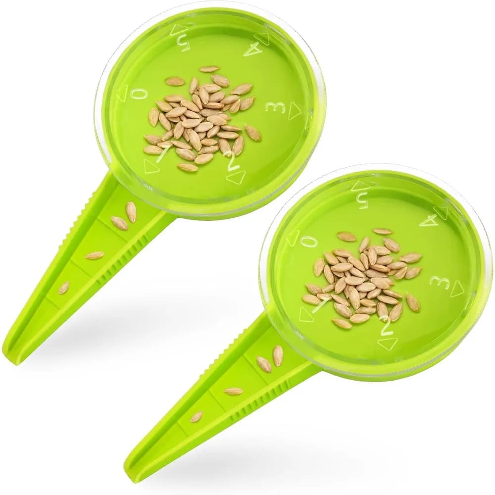 Adjustable Hand Seeder for Vegetable and Flower Gardens Portable Mini Seed Spreader Sower Tool for Tiny Seeds with Transparent Visible Hopper and Easy 0 to 5 Dial Settings Lightweight Rustproof Design Perfect for Precise