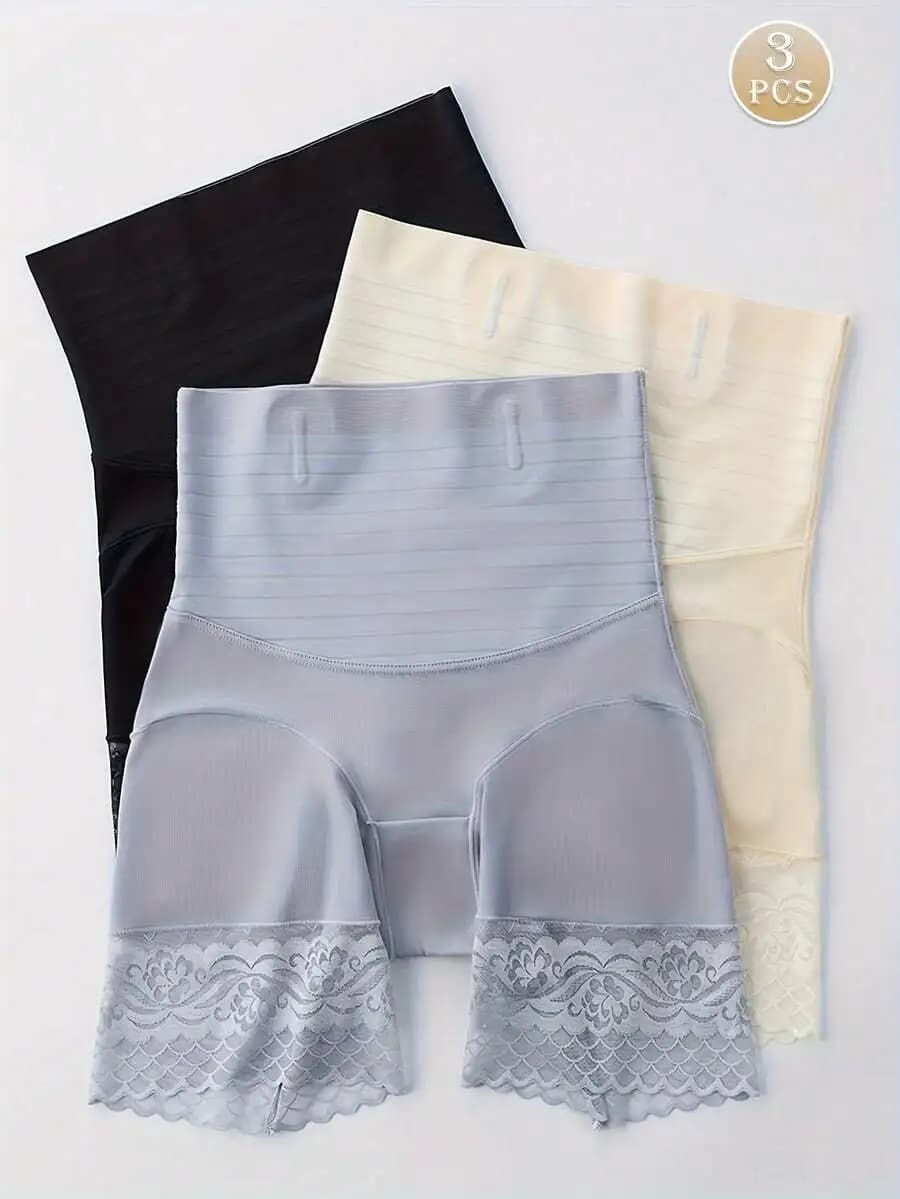 Confezione da 3 pantaloncini modellanti da donna a vita alta in seta ghiacciata con orlo in pizzo, controllo della pancia, sollevamento dei glutei, supporto post-parto