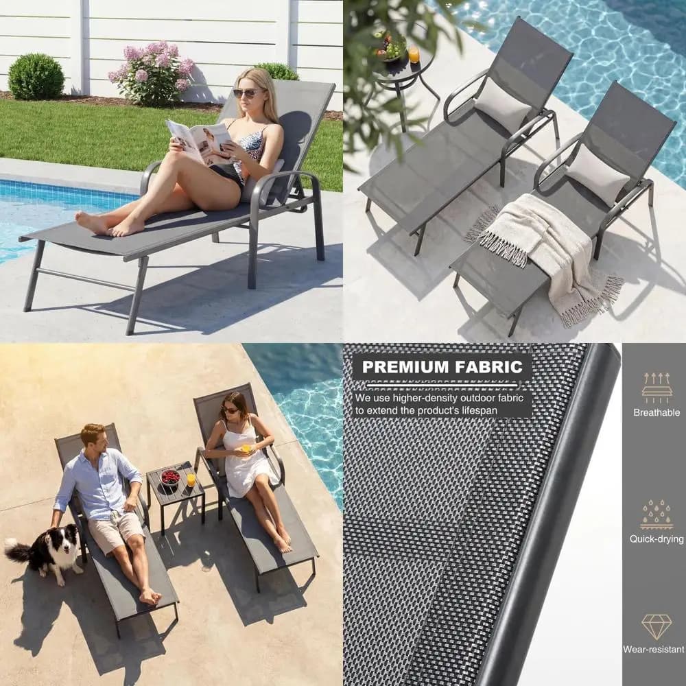 Chair Adjustable Pool Lounge Chairs with Lumbar Pillow Outside Tanning Chairs or Beach Deck Backyard Lawn (Grey, 2 pcs)