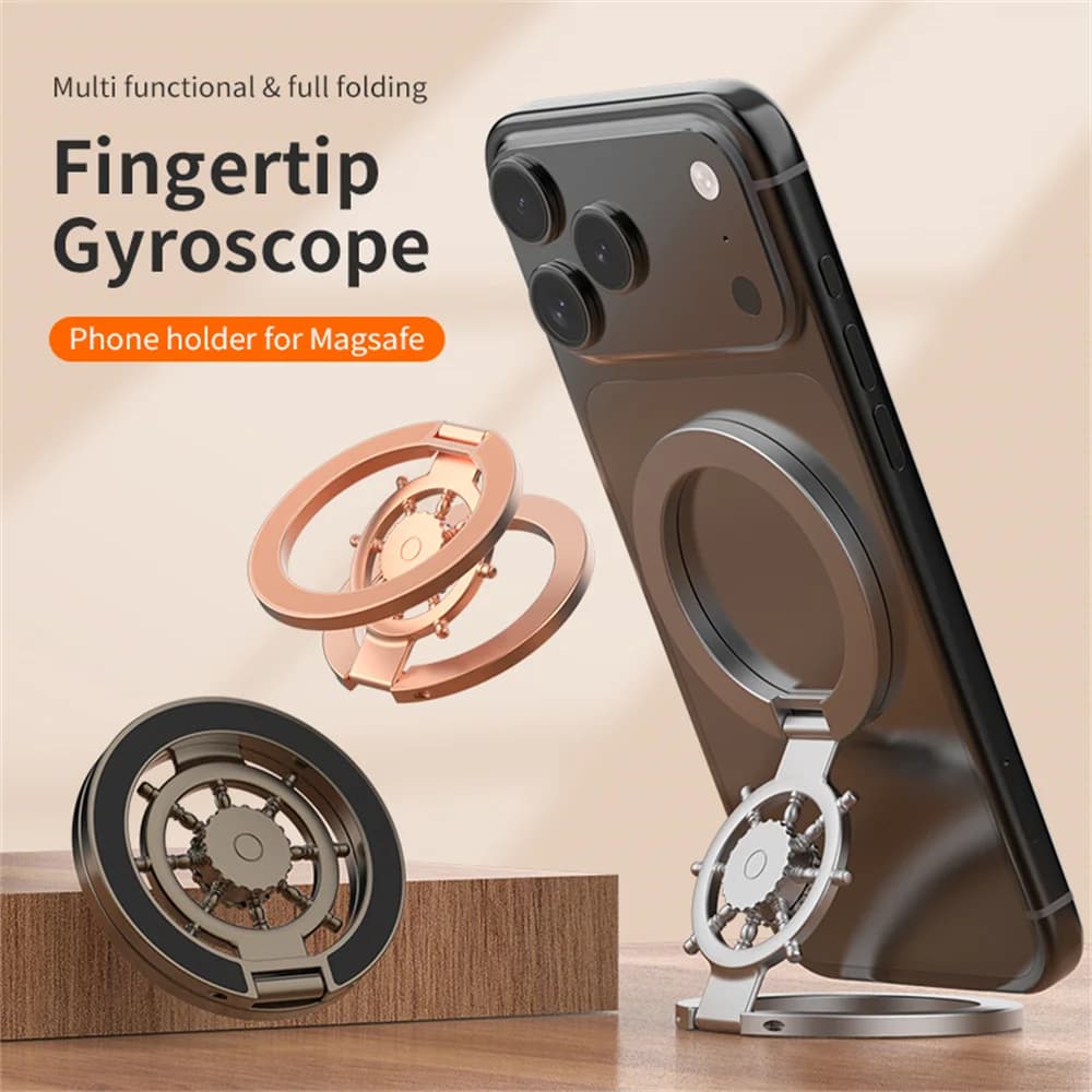 Metal Fingertip Gyroscope Magnetic Phone Holder For Magsafe 360°Rotatable Foldable Ship‑Wheel Shape Ring Grip Desktop Stand