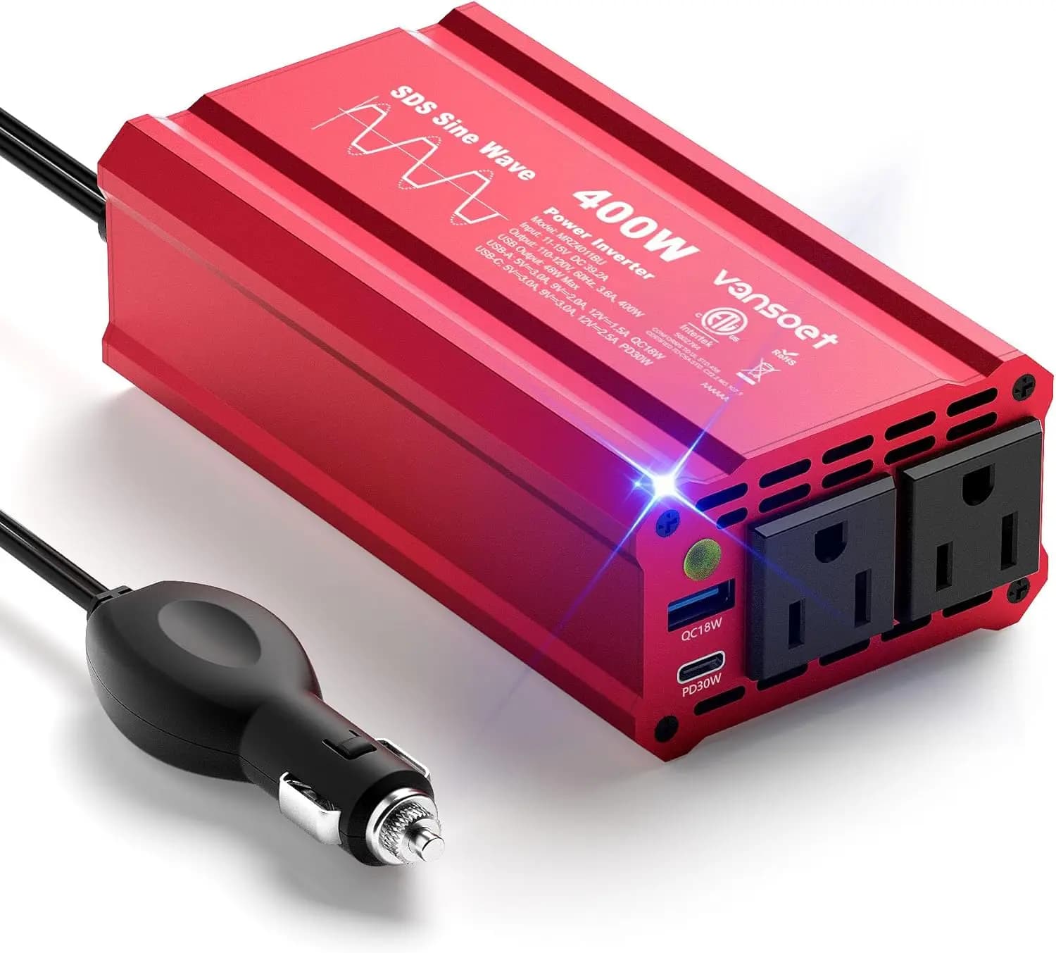 Inverter di Potenza per Auto 400W Onda Sinusoidale Pura con Clip, da DC 12V a AC (2 Prese) 110V, Adattatore Caricabatterie per Auto con Convertitore di Potenza e PD3