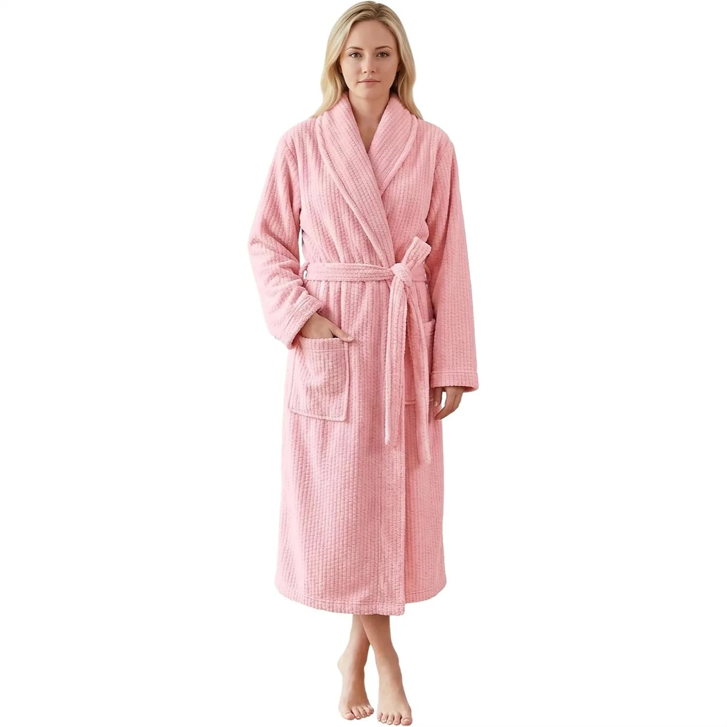 Women's Shawl Collar Bathrobe Soft Long Towel Robe Super Absorbent Quick Dry Warm with Pockets