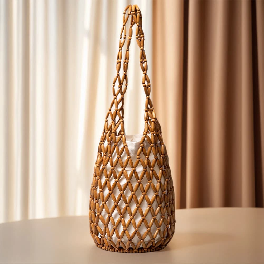 Wooden Beading Woven Hand Bag for Holiday Travels Date Handmade Beaded Shoulder Bag Casual Beach Handbag for Women